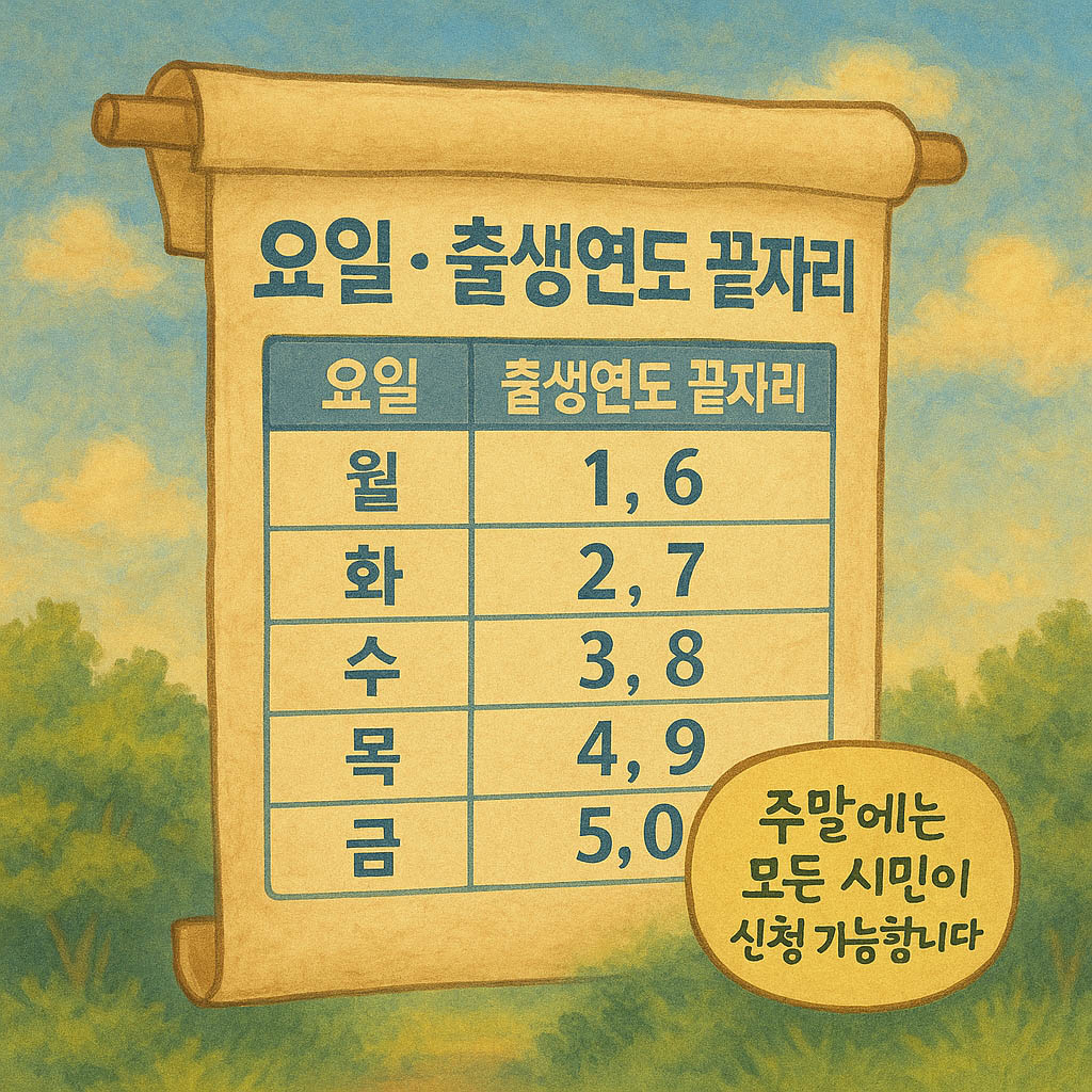요일별 출생 연도 끝자리를 기준으로 한 신청 요일제를 고문서 형태의 두루마리에 표로 정리하여 보여주는 안내 이미지