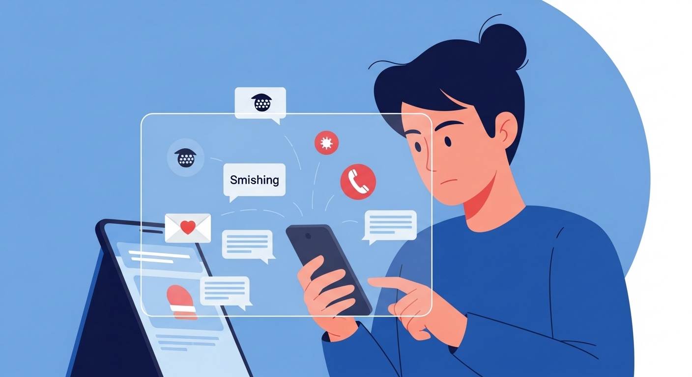 스마트폰 화면을 신중하게 확인하며 피싱, 스미싱 메시지를 경계하는 사람의 모습. 디지털 위협으로부터 스스로를 보호하는 현명한 습관을 강조한다.
