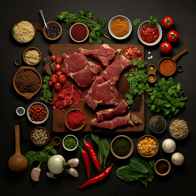 여러가지 식재료들이 놓여져있다. 고기, 토마토, 고추, 콩류, 푸른 잎 샐러드, 향신료 등