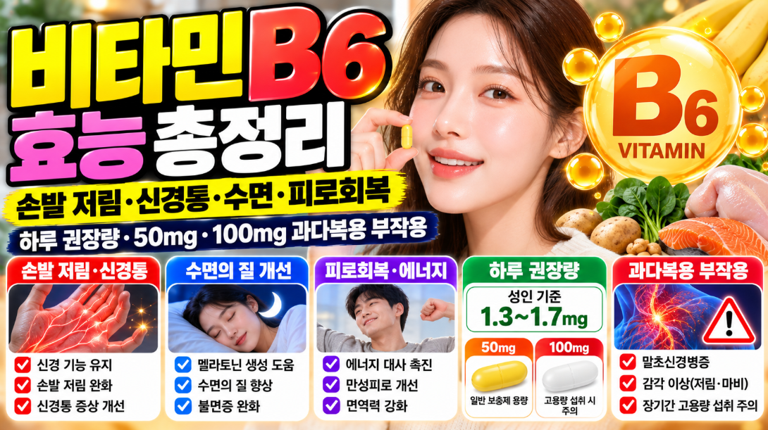 비타민B6 효능 총정리｜손발 저림&middot;신경통&middot;수면&middot;피로회복&middot;하루 권장량&middot;50mg&middot;100mg 과다복용 부작용