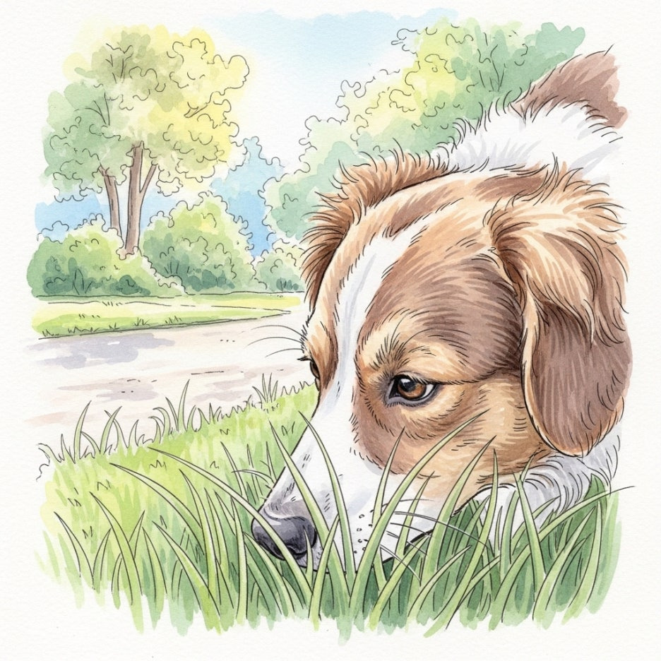 풀숲 근처에서 냄새를 맡고 있는 강아지의 풍경