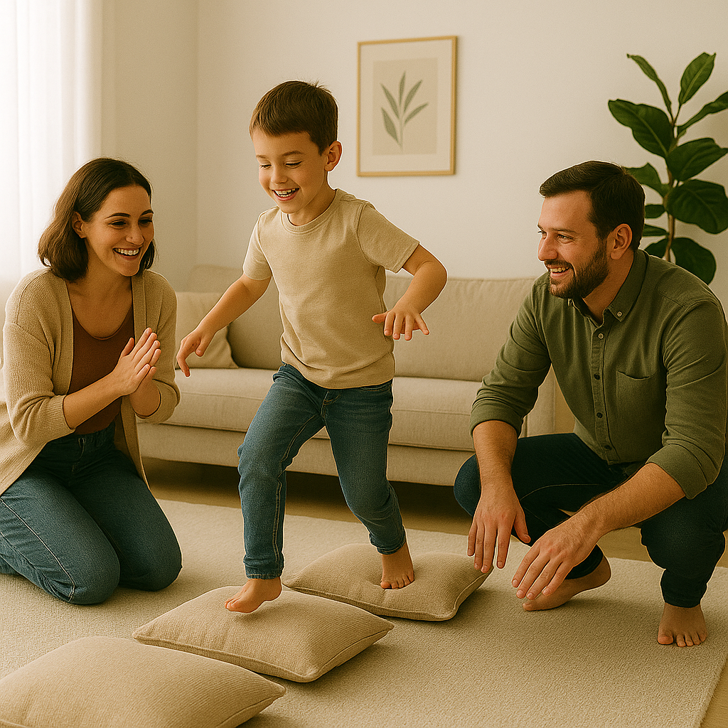 거실에서 아이가 쿠션으로 징검다리를 걷고 있는 모습