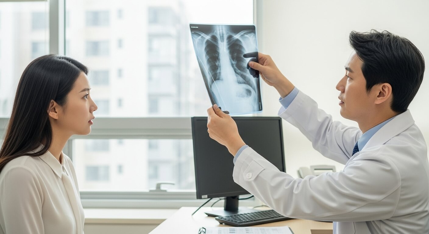 의사가 여성 환자에게 흉부 엑스레이 영상을 보여주며 설명하는 장면