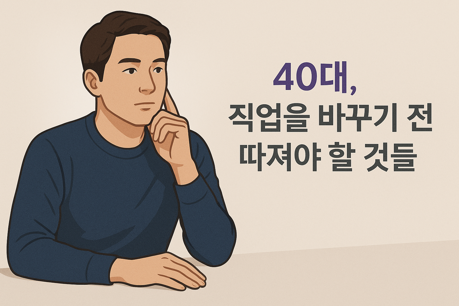 40대 남성이 직업 전환을 앞두고 차분하게 고민하는 세미리얼 일러스트 썸네일