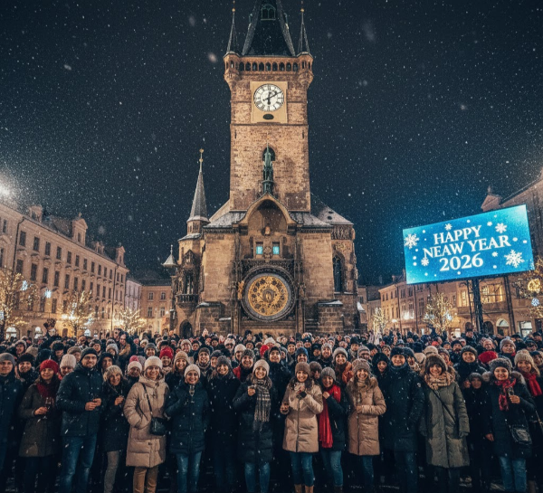 시계탑 아래 모인 사람들이 새해 인사를 하는 모습