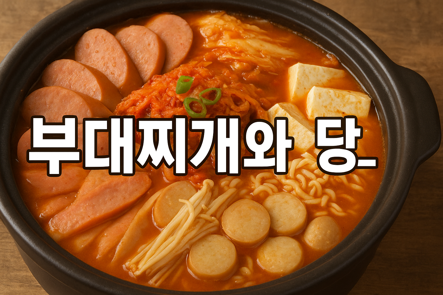 ChatGPT의 말:
뜨끈한 부대찌개 한 냄비가 식탁 위에 놓여 있고, 빨간 국물 속에 소시지, 햄, 김치, 두부, 라면사리, 버섯이 풍성하게 들어 있다. 중앙에는 “부대찌개와 당뇨”라는 문구가 굵은 흰색 글씨로 크게 적혀 있다.