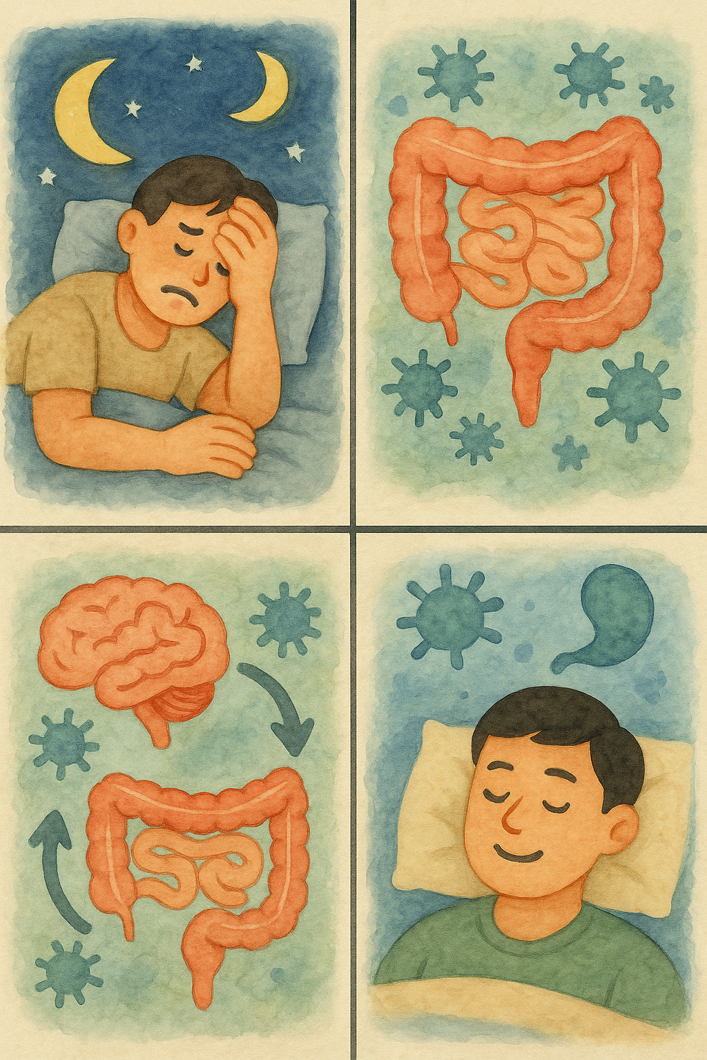 "수채화 느낌의 4컷 일러스트.
첫 번째 컷: 밤하늘 아래 잠을 이루지 못하고 머리를 감싼 채 누워 있는 남성.
두 번째 컷: 장내 미생물과 함께 그려진 장(腸) 이미지.
세 번째 컷: 뇌와 장이 화살표로 연결되어 상호작용을 나타내는 그림.
네 번째 컷: 편안히 미소 지으며 숙면을 취하는 남성."