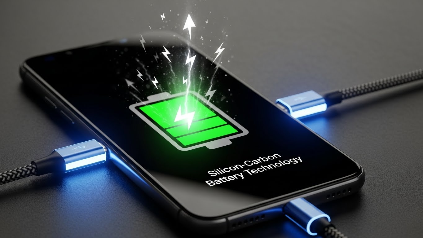 고속 충전 중인 스마트폰, 배터리 잔량이 빠르게 차오르는 모습으로 신기술 배터리 강조