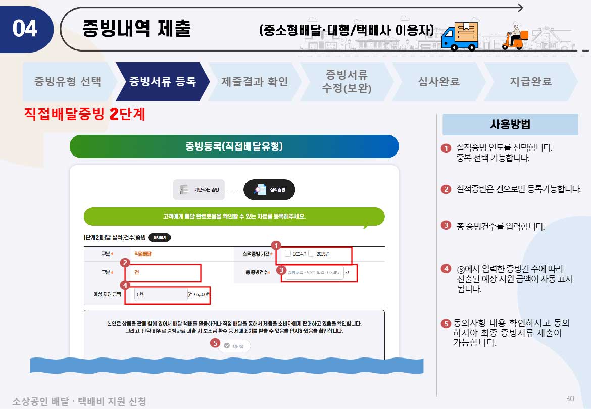 실적증빙으로 진행시 연도와 건수를 입력한다. 입력하면 자동으로 예상 지원금액이 표시된다.