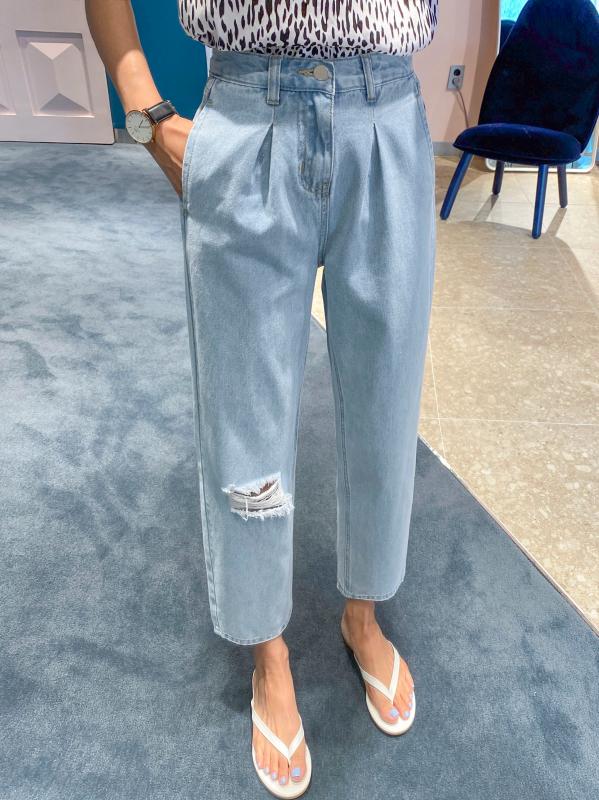 리틀마켓 디스트로이드 연청 하이웨스트 핀턱 세미 배기 청바지 PG05B0