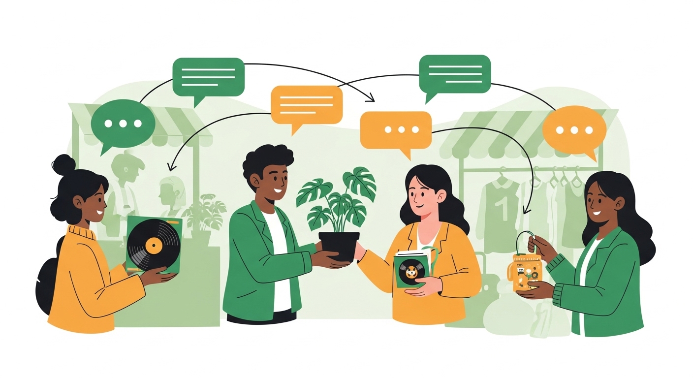 다양한 사람들이 취미 물품을 교환하며 소통하는 커뮤니티 중고거래 현장. 서로 연결된 사람들이 활발하게 중고거래를 통해 유대감을 형성하는 모습을 보여줌.