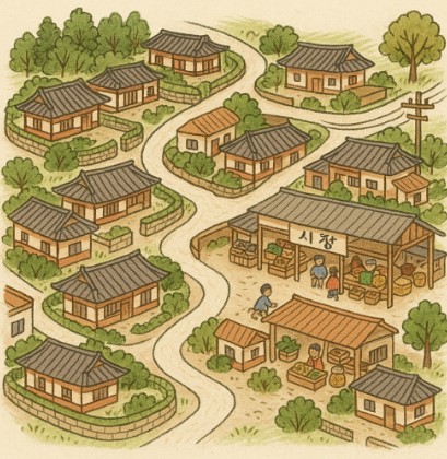 손으로 그린 한국 시골 마을지도, 골목길과 전통 가옥, 옛 시장터가 아기자기하게 표현된 모습 이미지