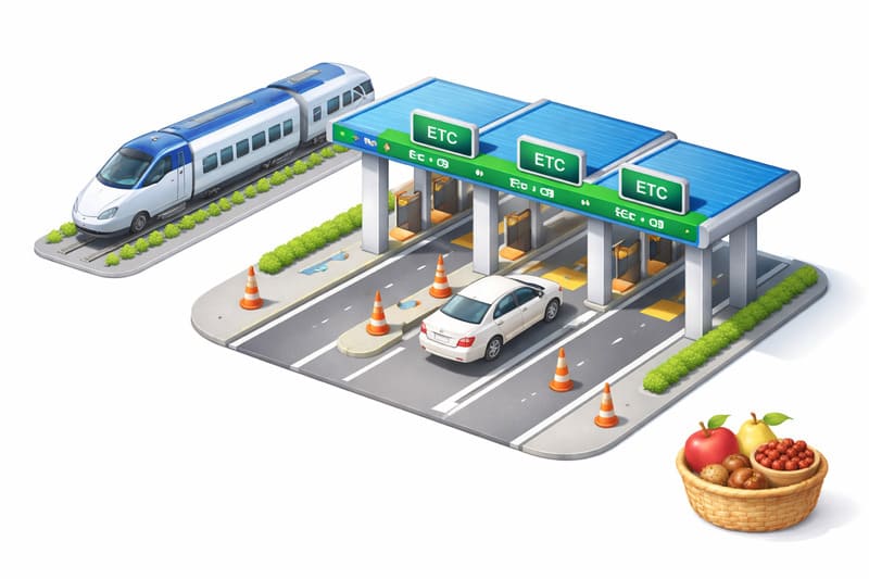 ETC 톨케이트를 통과하는 하얀색 승용차, 왼쪽의 KTX 열차 모형, 오른쪽에 놓인 사과, 배, 대추가 담긴 작은 장바구니 일러스트레이션