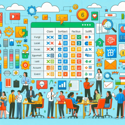 다양한 비즈니스 관련 아이콘들이 나타난 시각적 표현, 데이터를 다루는 활동에 집중한 그림입니다.