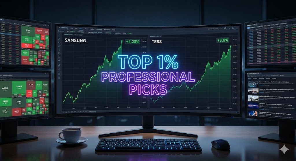 삼성전자와 SK하이닉스의 급등 차트 옆으로, '상위 1% 고수의 선택'이라는 문구가 강조된 화려한 주식 전광판 이미지