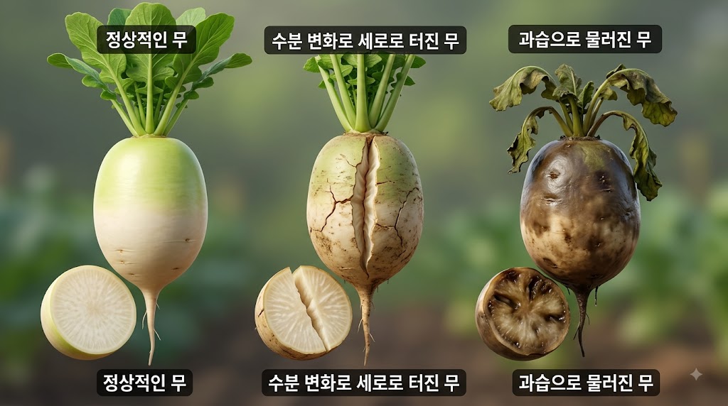 정상적인 무, 수분 변화로 세로로 터진 무, 과습으로 물러진 무의 외형과 단면 차이를 보여주는 정밀 일러스트