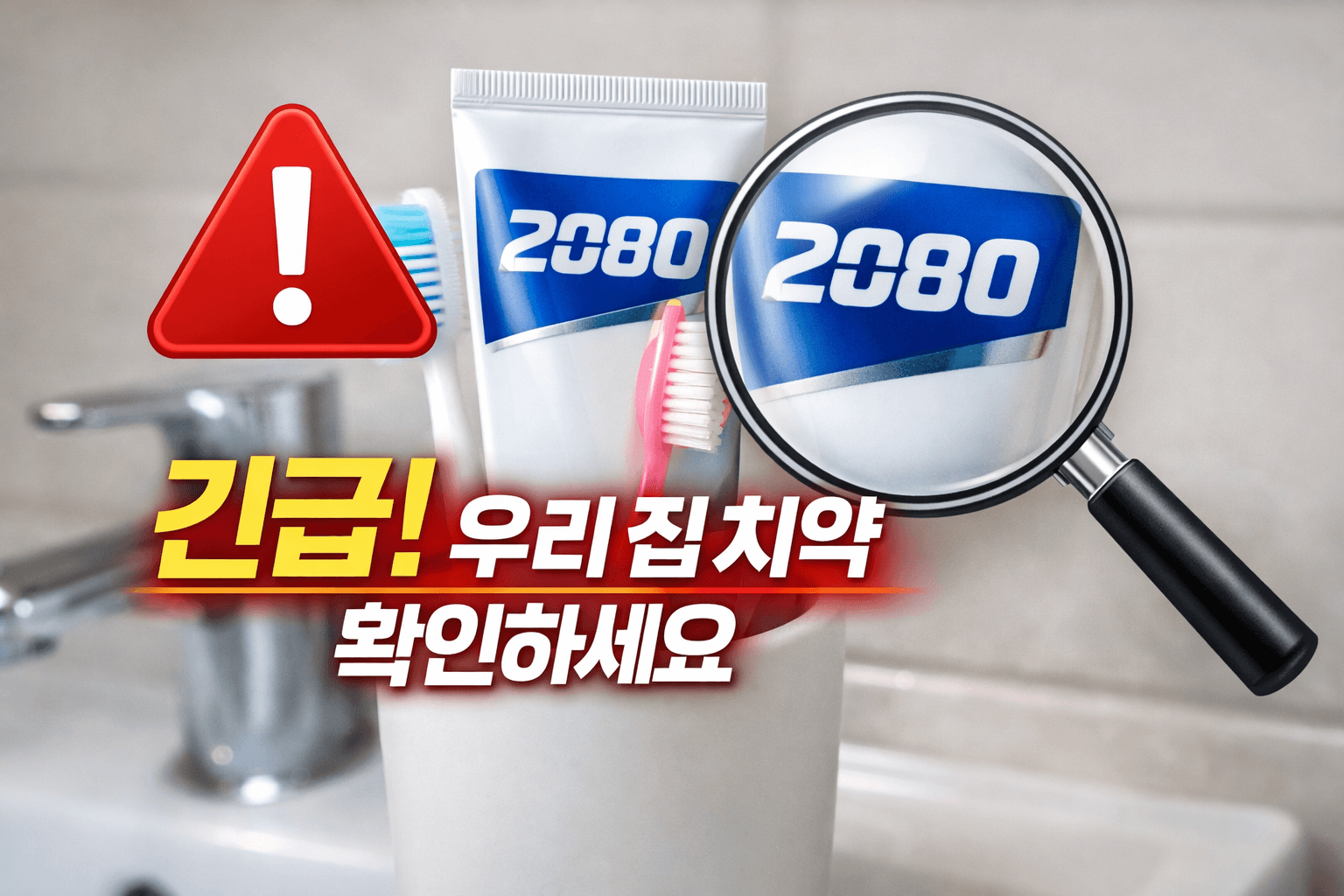 2080 치약 리콜 대상 확인을 위해 욕실에서 치약을 점검하는 모습