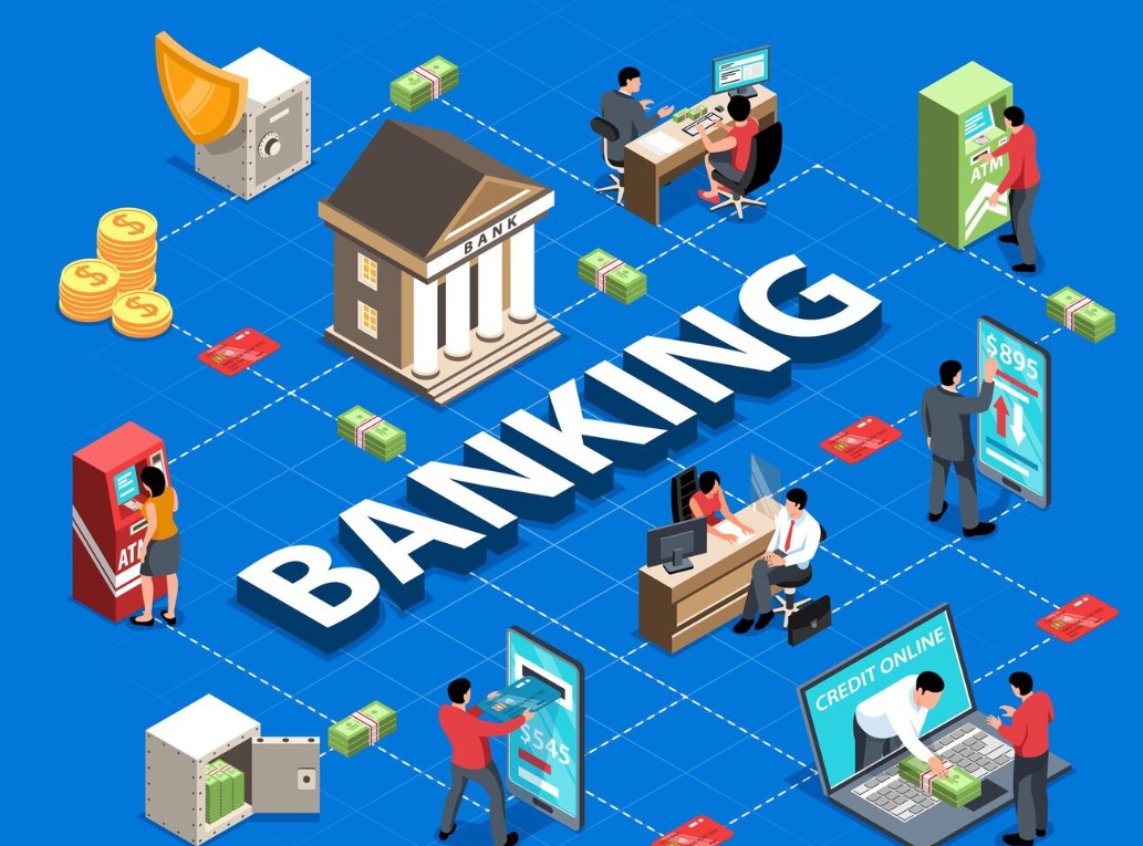 은행에서 일하는 사람들과 일 보러온 고객들