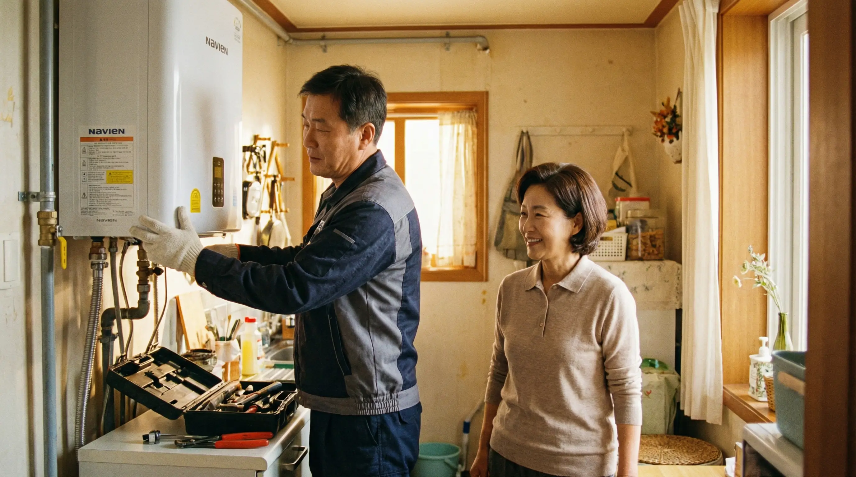 전문 설치 기사가 가정집에서 새 보일러를 설치하고 있고, 집주인이 만족스러운 표정으로 바라보는 따뜻한 분위기