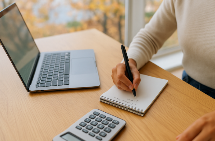 계산기와 노트북 앞에서 가계부를 작성하는 사람의 손