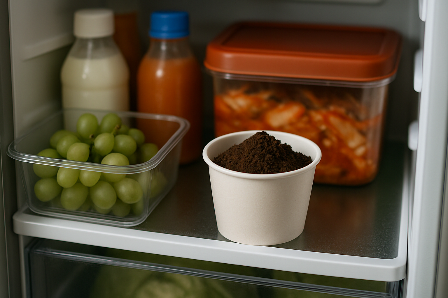 냉장고 안에 커피찌꺼기 담은 컵