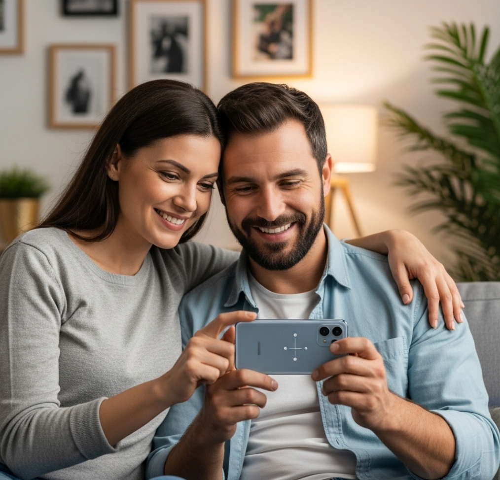 엄마 아빠가 핸드폰에 알림 설정을 하고 뿌듯해 하고 있는 사진