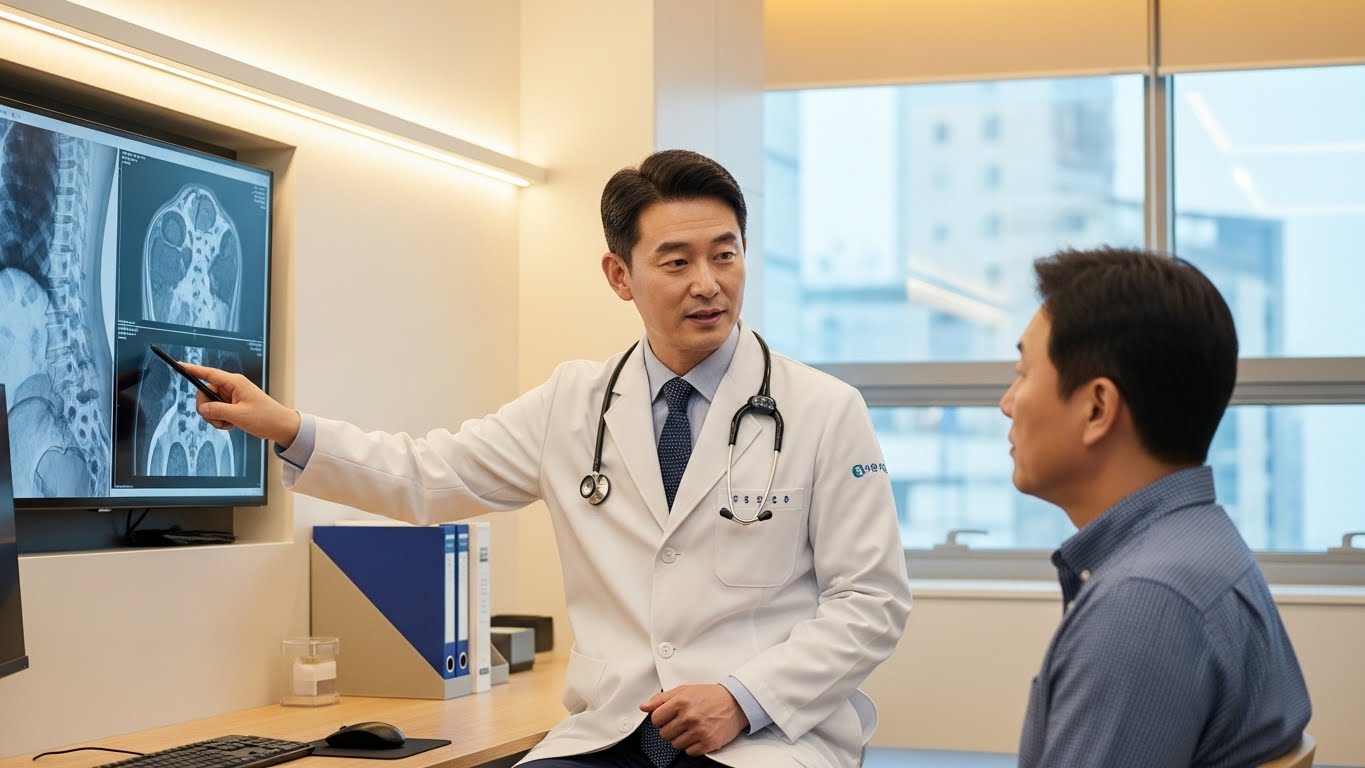 병원 진료실에서 의사에게 척추 MRI 검사 결과를 들으며 상담을 받는 한국 환자