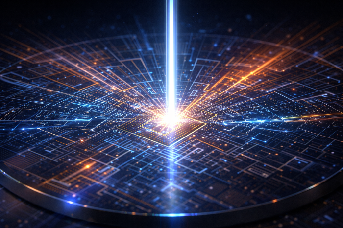 EUV 공정을 통해 메모리 반도체 웨이퍼에 미세 회로가 형성되는 과정을 묘사한 그래픽.