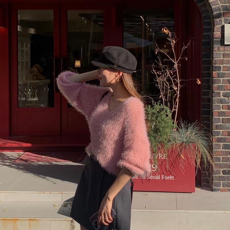 연말룩 솔잎니트 부클 니트 브이넥 여리여리 크리스마스룩