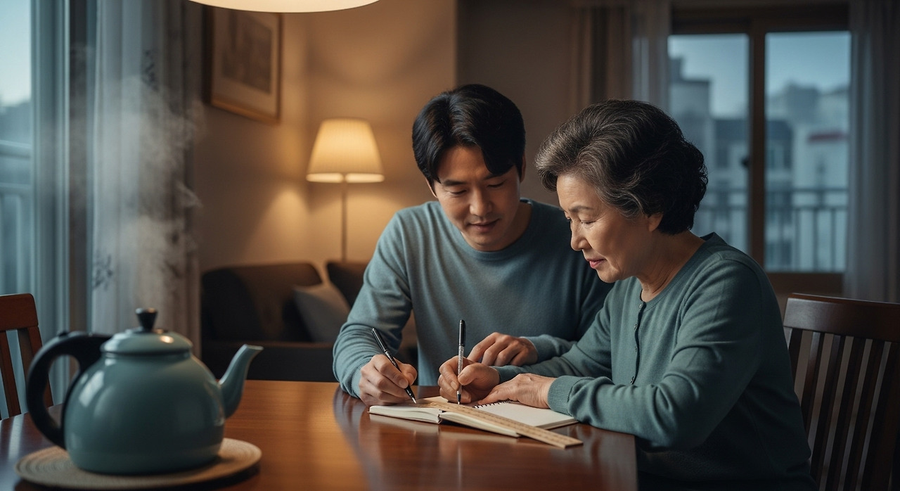 부모와 자녀가 식탁에서 작은 수첩에 건강 변화를 함께 기록하는 한국 중년 가족 장면