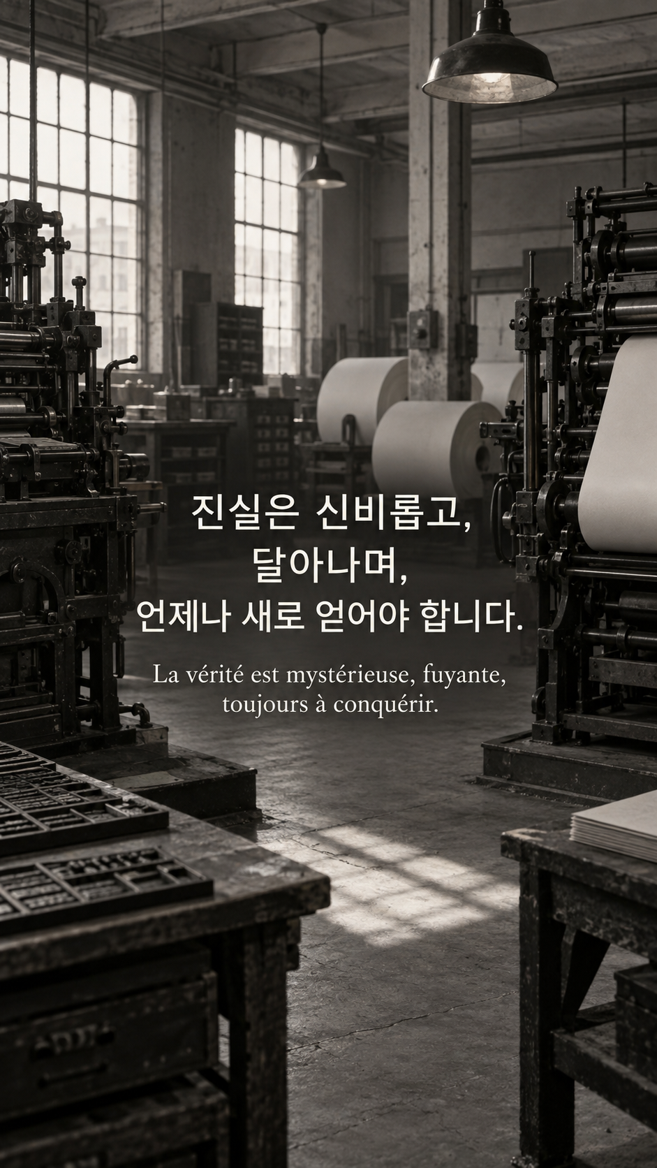진실을 소유했다고 믿지 않기 &mdash; 1940년대 분위기의 신문 인쇄실