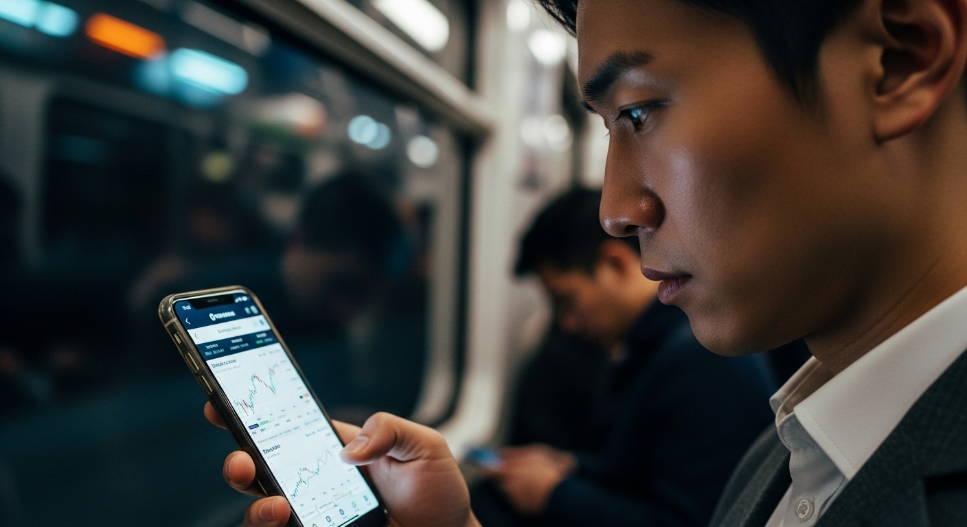지하철 안에서 핸드폰으로 주식 앱을 확인하는 직장인