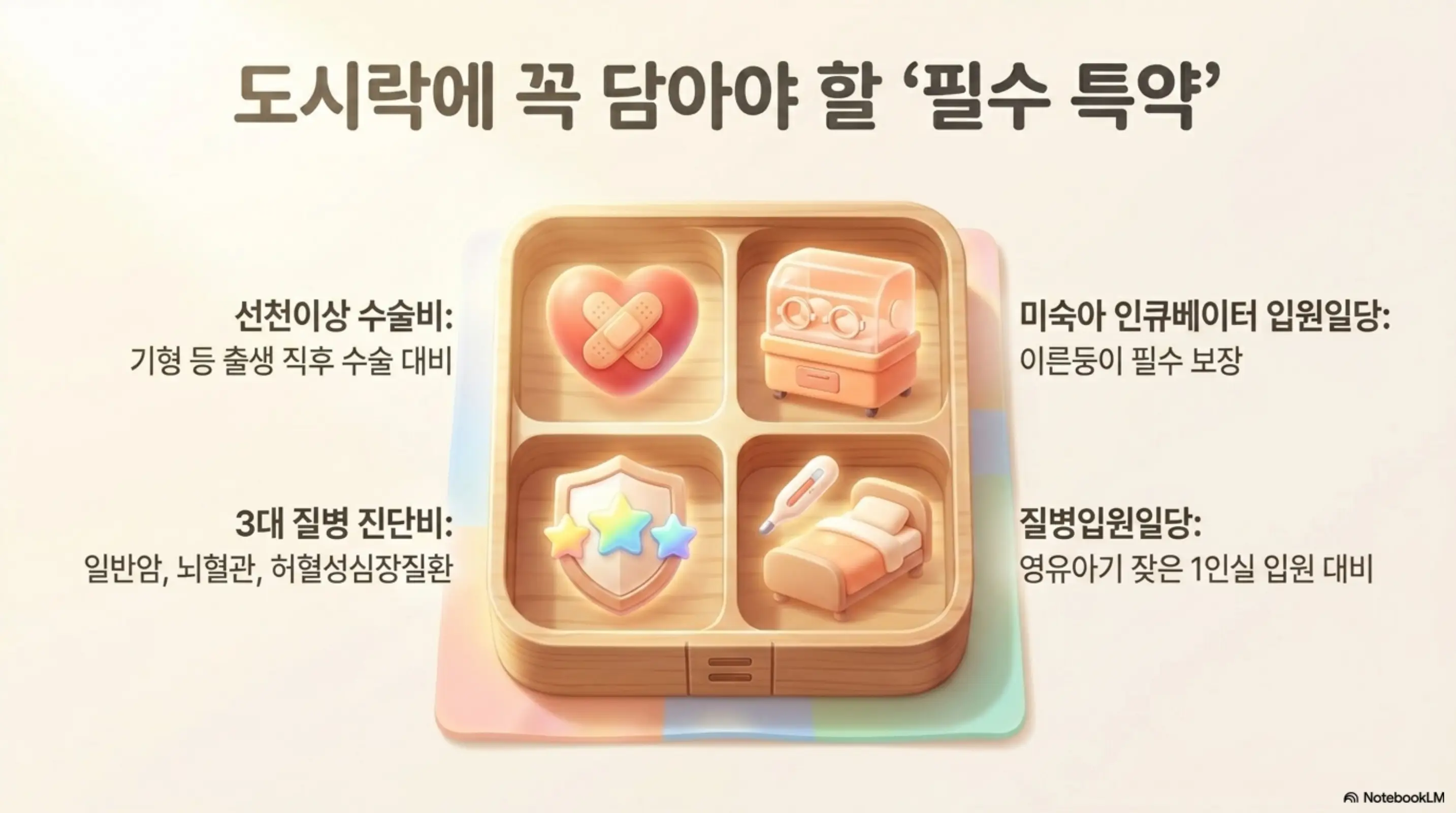 태아보험 필수 특약 4가지를 도시락 칸에 담아 정리한 인포그래픽. 선천이상 수술비와 미숙아 인큐베이터 입원일당 및 3대 질병 진단비와 질병입원일당 정보를 시각적으로 전달하며 태아보험 필수 특약 추천과 관련된 내용을 설명함