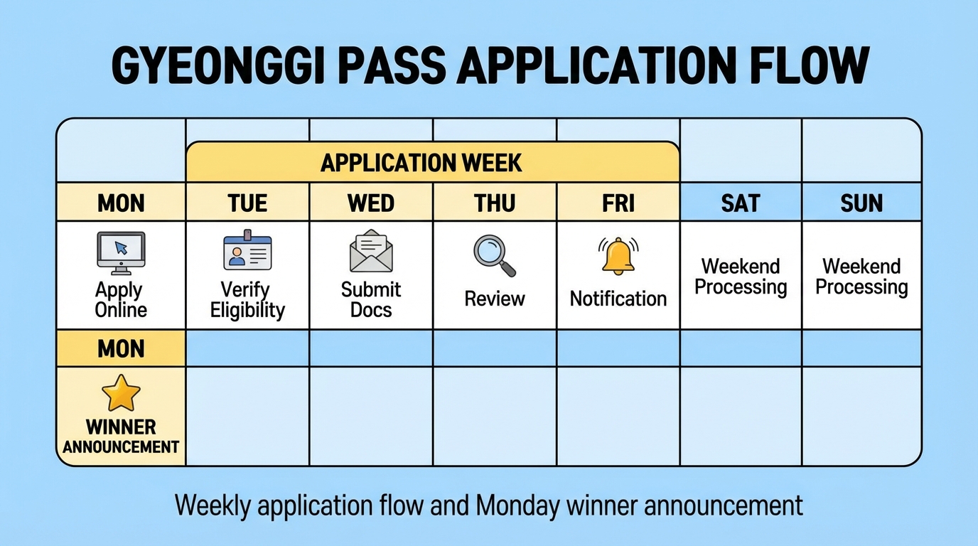 매주 응모와 월요일 당첨자 발표 흐름을 보여주는 달력 이미지
