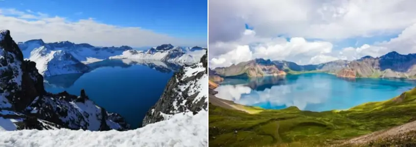 백두산-천지의-맑고-푸른-여름과-눈이-쌓여-있는-겨울