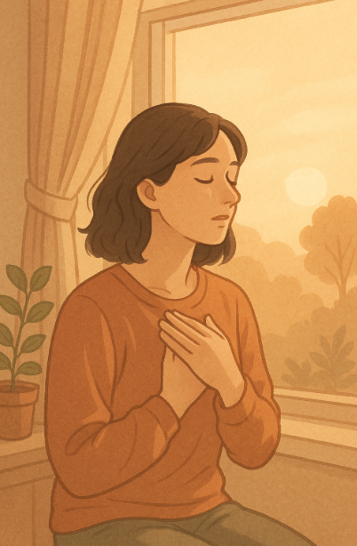 창가에 앉아 깊은 숨을 들이쉬며 불안한 마음을 진정시키는 사람