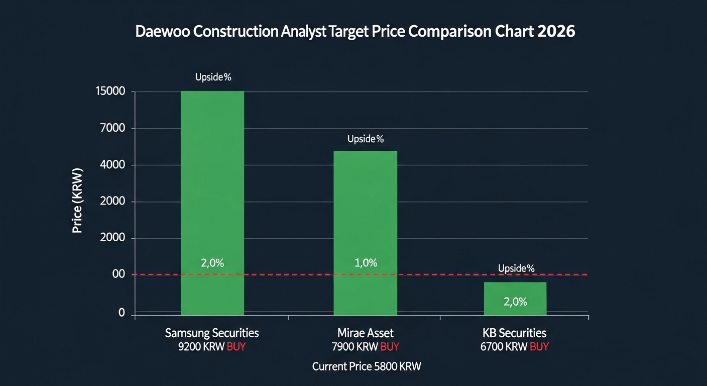 Daewoo Construction analyst target price comparison chart 2026. Three broker bars Samsung Securities 9200 KRW tallest green BUY, Mirae Asset 7900 KRW medium green buy, KB Securities 6700 KRW shorter green buy. Current price 5800 KRW baseline red dashed line. All three above baseline. Upside percentage labels. Dark navy professional chart English labels.