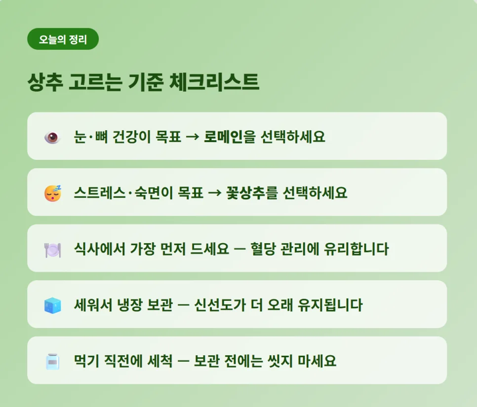 "목표별 상추 선택 기준, 혈당 관리 식사 순서, 세워서 냉장 보관 및 직전 세척을 정리한 체크리스트"