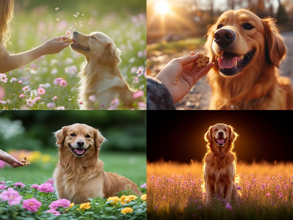 강아지에게 간식을 주는 행복한 모습