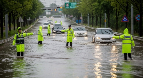 침수된 도로에서 차량 통제하는 경찰