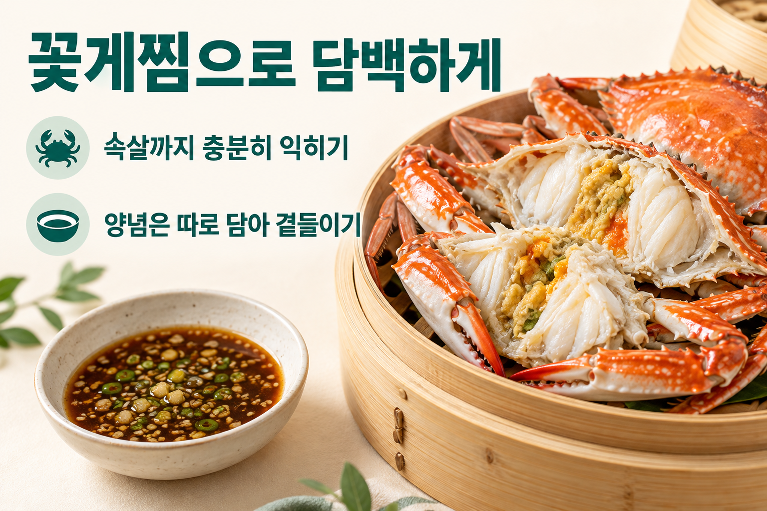 익힌 꽃게의 속살과 별도로 담은 양념을 보여주는 꽃게찜 조리 예
