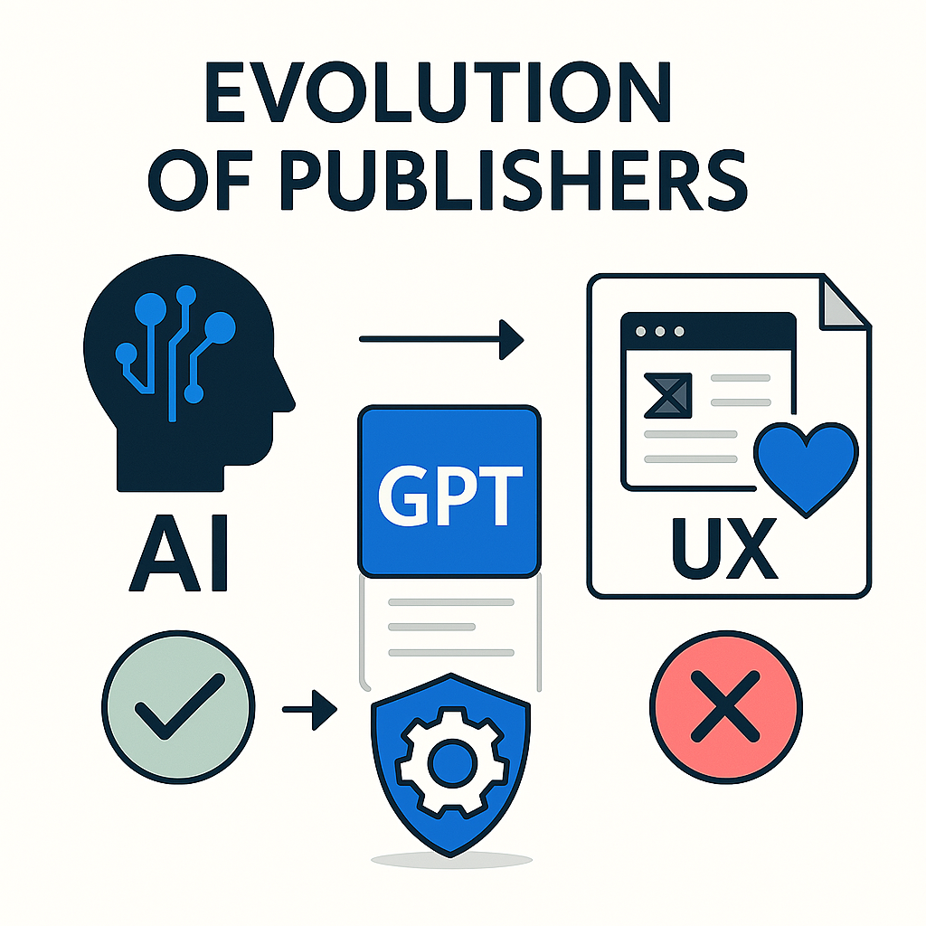 AI와 GPT 기술을 활용해 UX 중심 전략으로 협업하는 퍼블리셔의 창의적 작업 흐름을 상징적으로 표현한 이미지