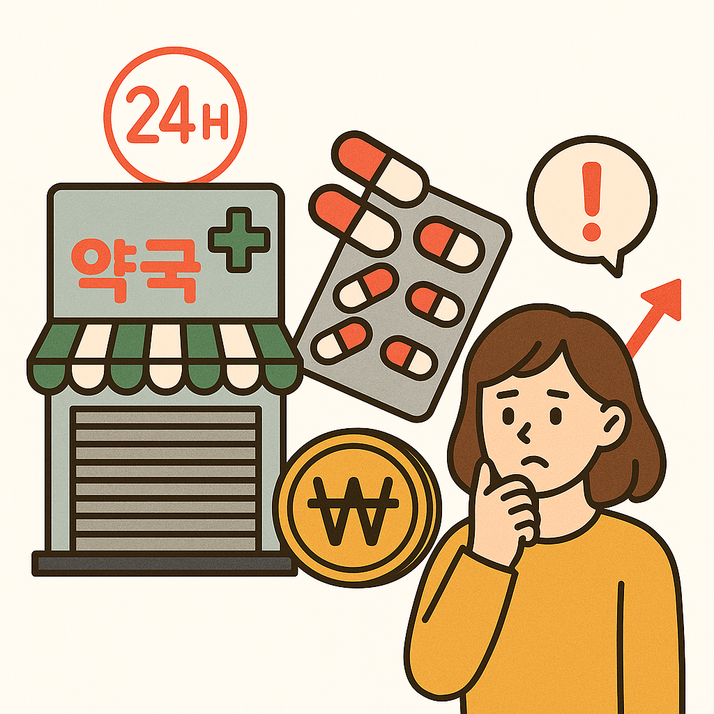 24시간 약국은 감소하고 비상약 가격이 오르는 것을 나타내는 인포그래픽 이미지