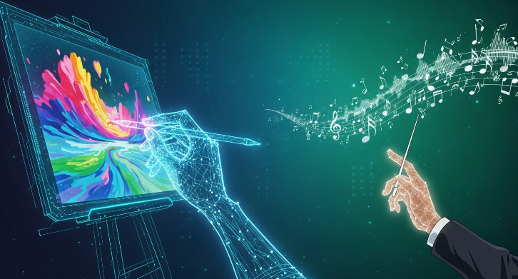 AI 드로잉과 작곡 툴을 활용해 창작하는 손과 악보, 미래적인 풍경이 어우러진 이미지. AI 기반 취미 생활의 무한한 가능성을 보여줍니다.