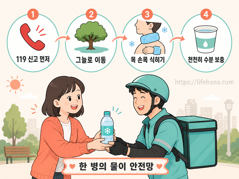 119 신고부터 그늘 이동, 의복 느슨화, 냉각 팩 밀착으로 이어지는 4단계 온열질환 응급조치 실전 일러스트