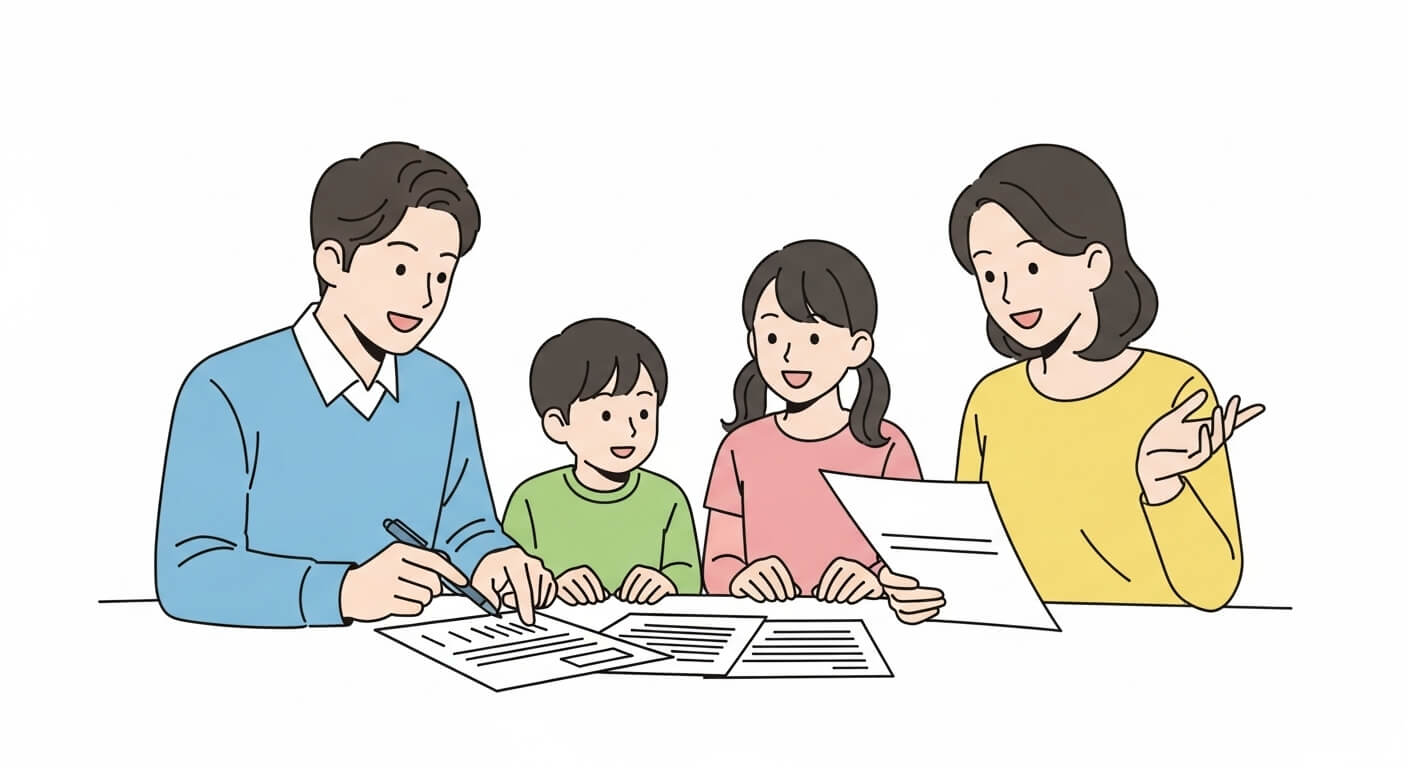 자녀장려금 소득기준이 완화되어 가족이 함께 서류를 확인하는 장면 3