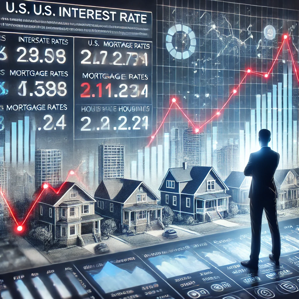 미국 주택담보대출 금리 상승을 나타내는 그래픽으로, 집과 상승하는 막대그래프, 달러 기호, 데이터를 분석하는 사람이 포함됨.