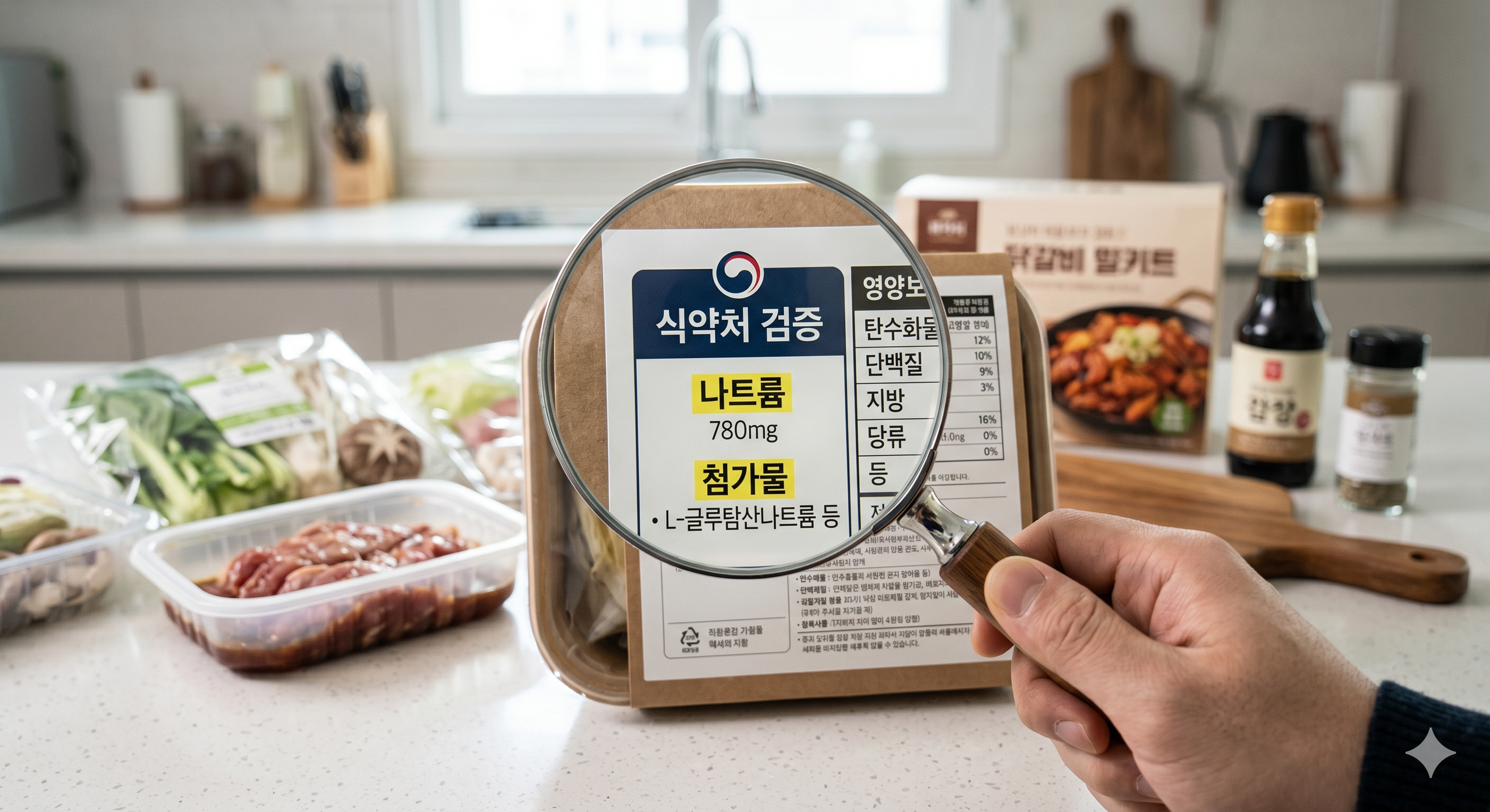 확대경으로 밀키트 식품 라벨의 '식약처 검증' 및 '영양 정보'를 꼼꼼히 확인하는 모습.