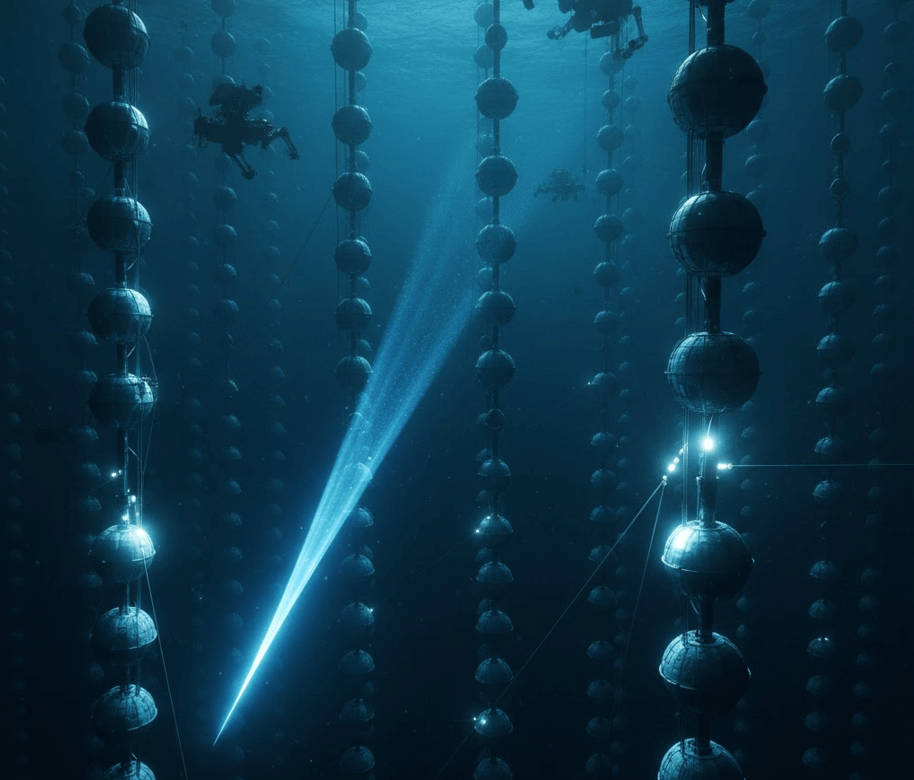 지중해 심해에 설치된 중성미자 검출기 KM3NeT의 수직 센서 배열과 중성미자가 남긴 푸른색 체렌코프 복사 흔적 상상도