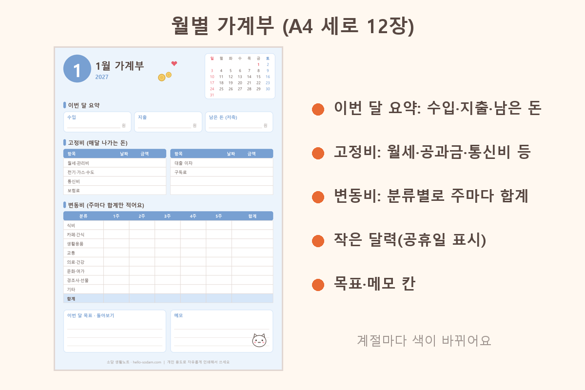 수입 지출 고정비 변동비를 적는 2027 월별 가계부 1월 미리보기